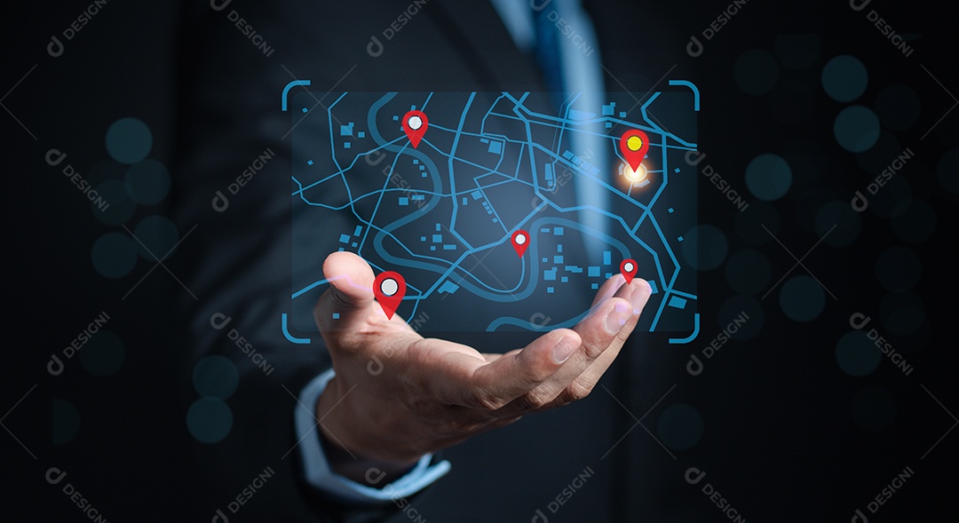 Empresário pesquisando mapa-múndi com ponto de localização, aplicativo GPS