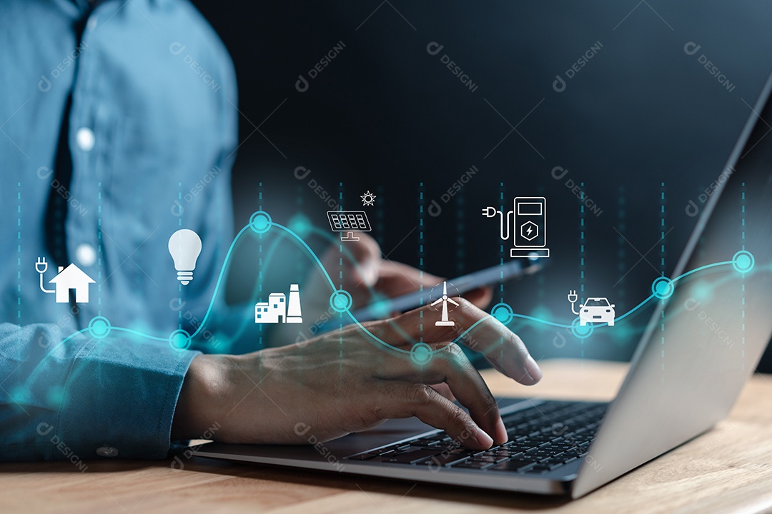 Empresário usando o conceito de energia futura de energia limpa.