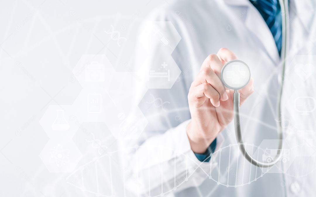 Conceito de seguro de saúde. Médico em um ícone médico de saúde uniforme de jaleco branco