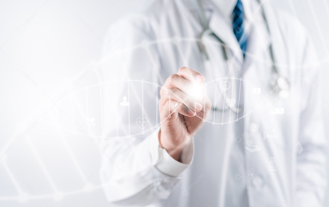 Conceito de seguro de saúde. Médico em um ícone médico de saúde uniforme de jaleco branco