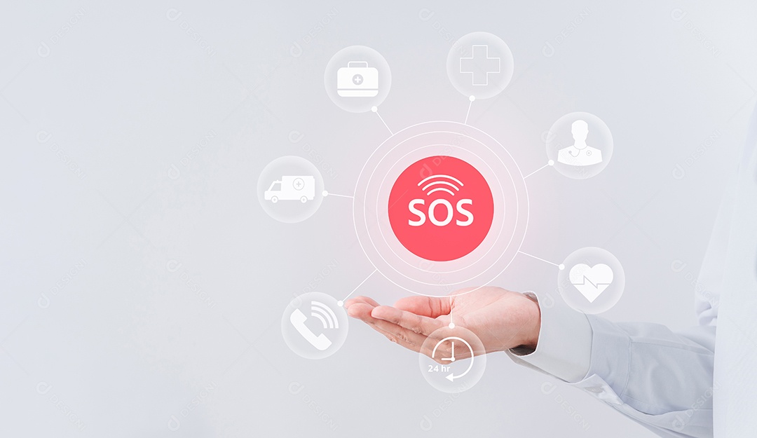 Médico segurando o ícone de chamada SOS Emergency, telefone de chamada