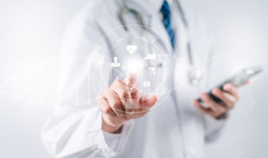 Conceito de seguro de saúde. Médico em um ícone médico de saúde uniforme de jaleco branco