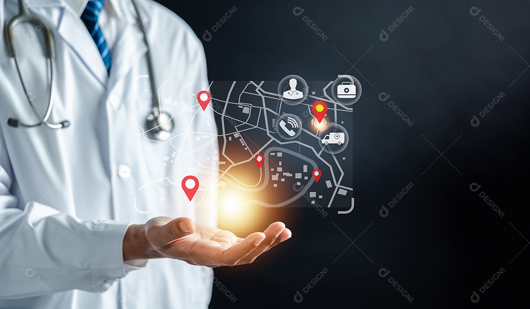 Médico compartilhando localização de gps chamando SOS Emergência por telefone