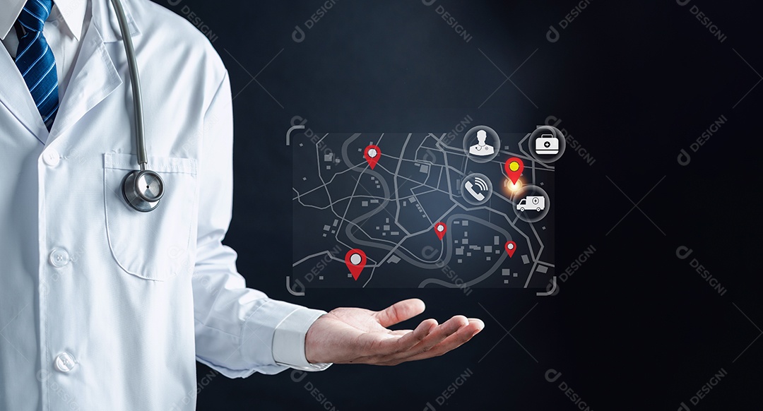 Médico compartilhando localização de gps chamando SOS Emergência por telefone