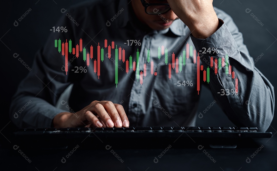 Perda de dinheiro do investidor empresário analisar gráfico de ações, gráfico de previsão e análise