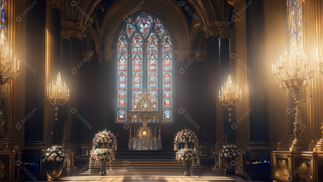 Linda imagem realista de interior de uma igreja.