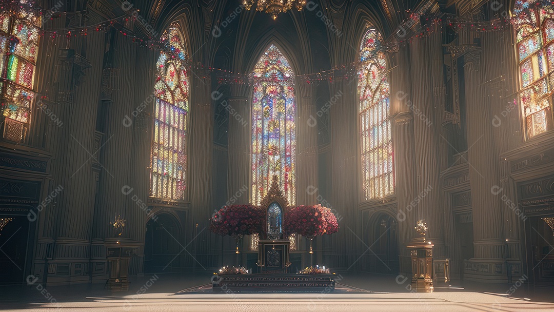 Linda imagem realista de interior de uma igreja.