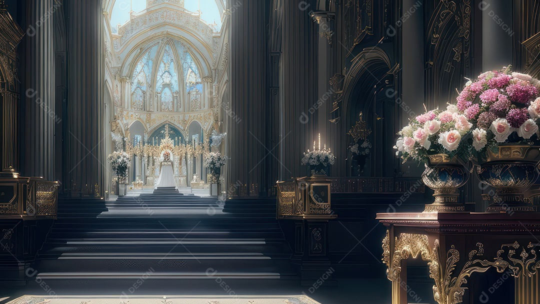 Linda imagem realista de interior de uma igreja.