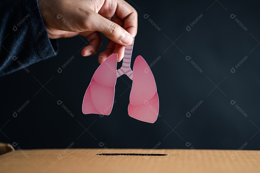 As mãos soltam o pulmão para o conceito de caixa de doação.