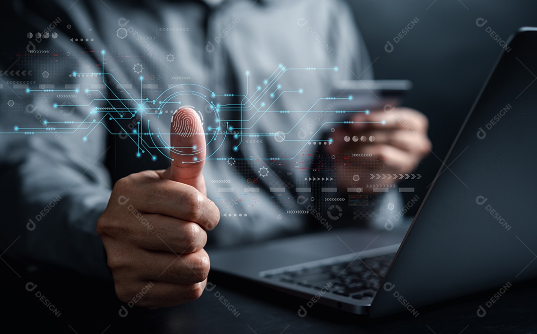 Conceito de pagamento online. Empresário usando computador via banco e compras on-line via aplicativo móvel bancário