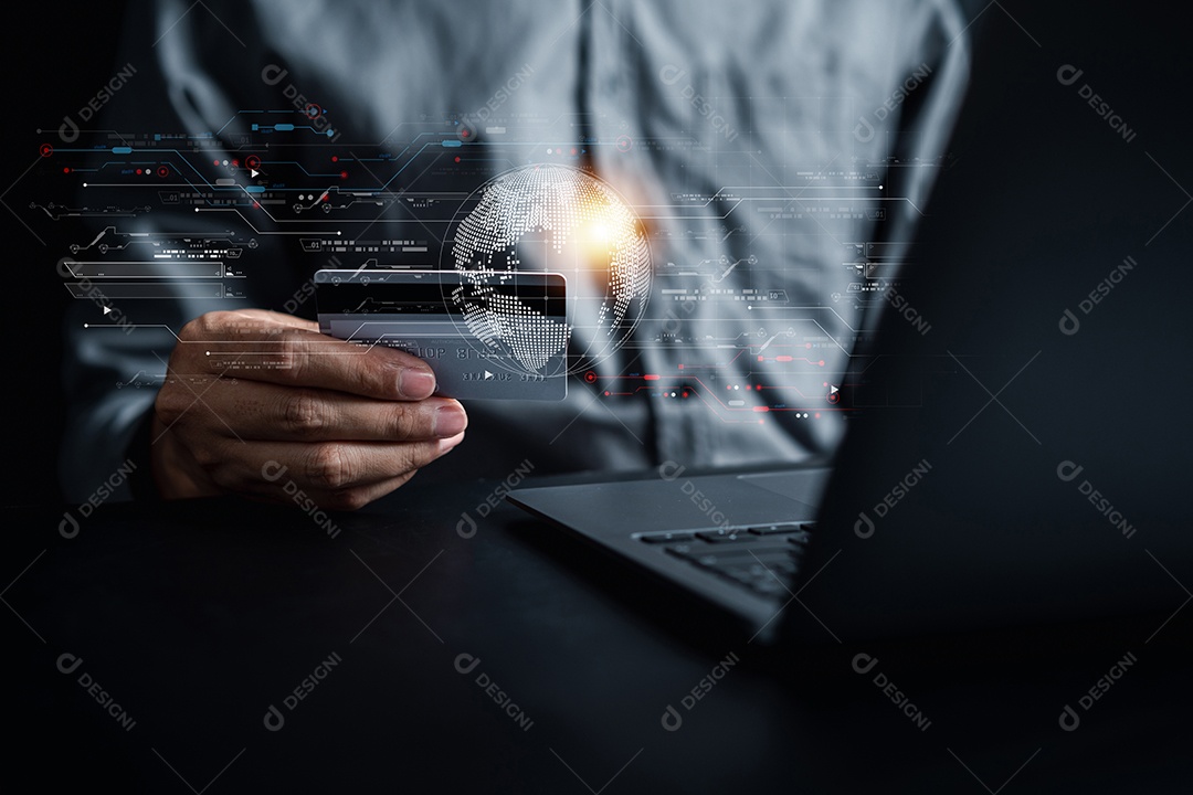 Conceito de pagamento online. Empresário usando computador via banco e compras