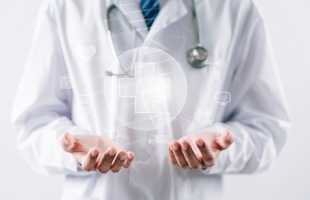 Médico em uniforme de jaleco branco segurando ícone de serviço 24/7 para assistência ao paciente