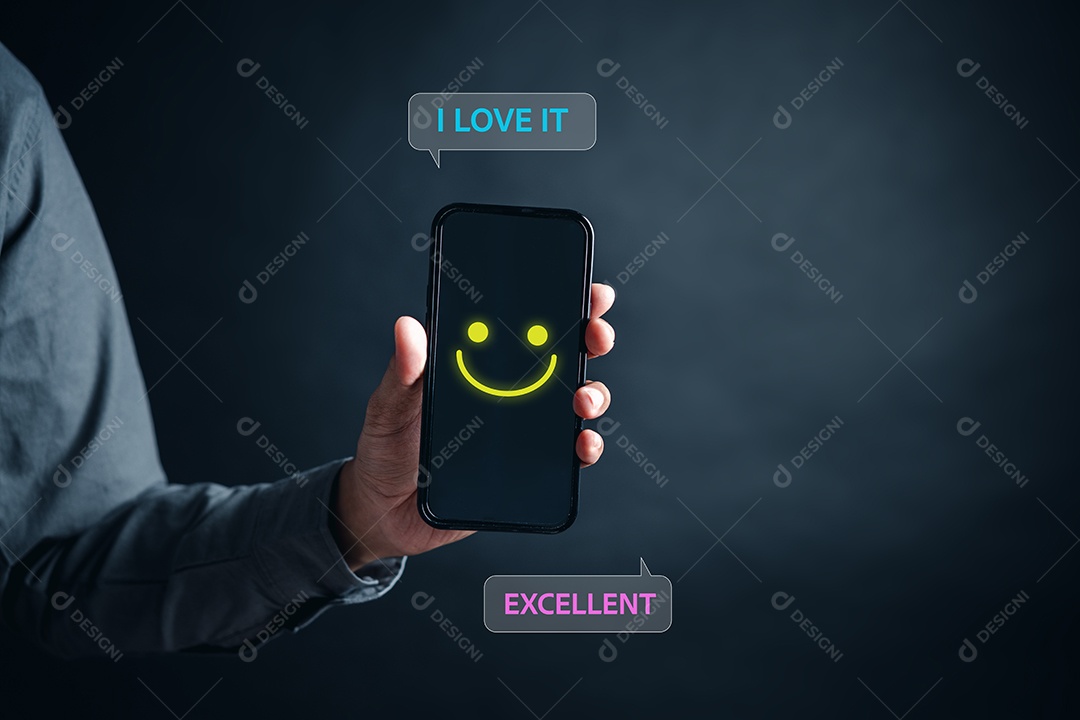 As experiências do cliente do homem dão uma cara sorridente, pesquisas de satisfação