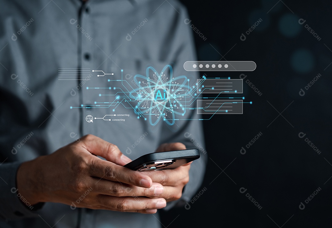 Inteligência de bot de bate-papo Ai. Empresário usando bate-papo no smartphone