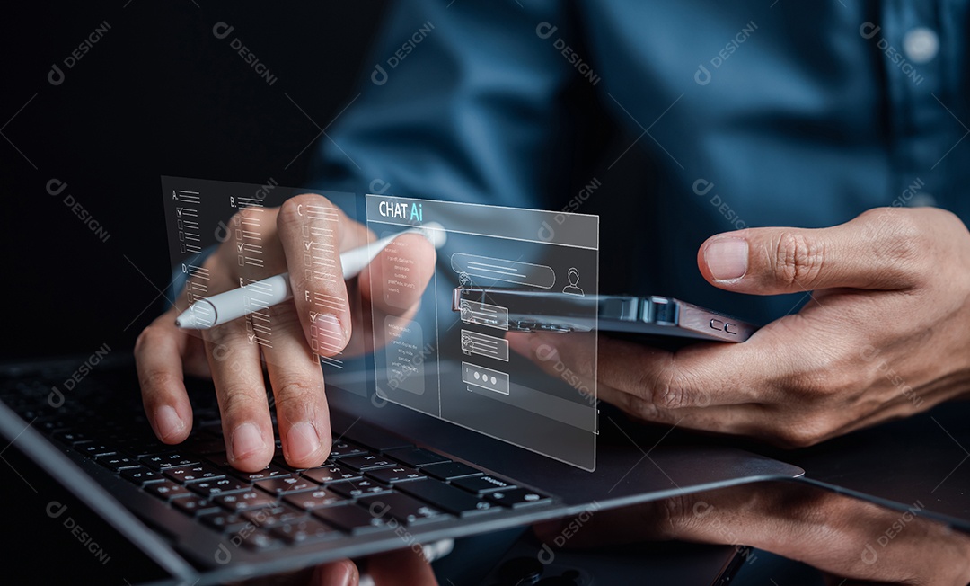 Inteligência de bot de bate-papo Ai. Empresário usando bate-papo no smartphone Bate-papo com Inteligência Artificial AI