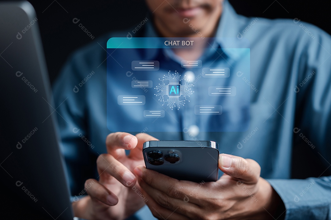 Inteligência de bot de bate-papo Ai. Empresário usando bate-papo no smartphone Bate-papo com Inteligência Artificial AI