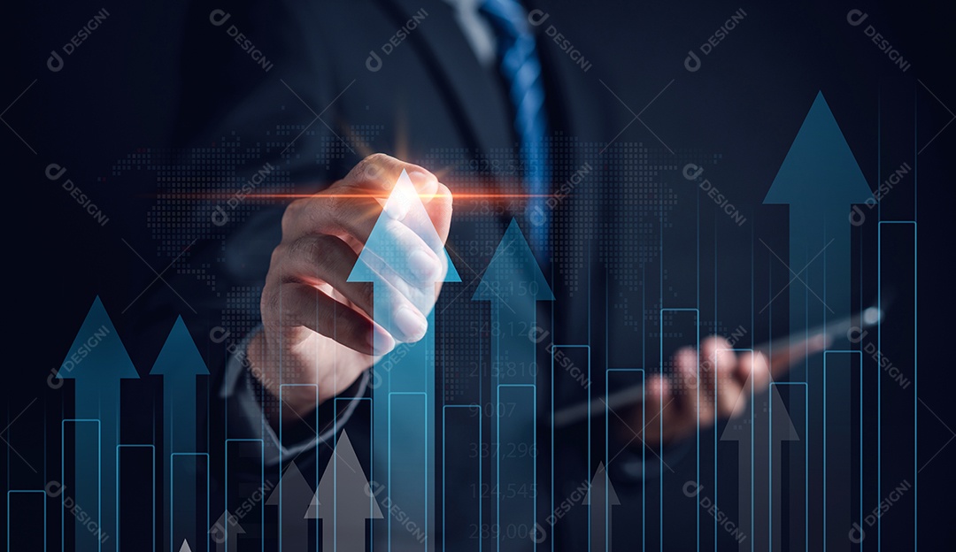 Desenho da mão do homem de negócios para aumentar a seta.