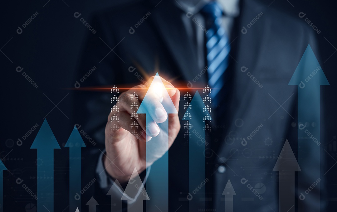 Desenho da mão do homem de negócios para aumentar a seta. Mercado de ações, crescimento dos negócios, progresso, sucesso