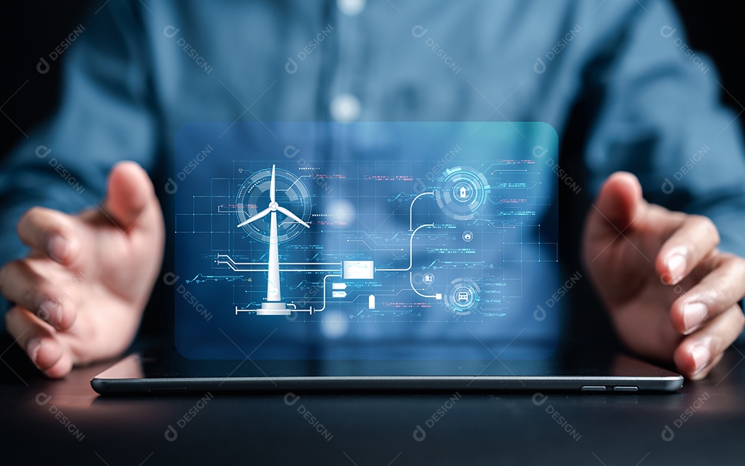 Engenheiro de energia usando fazenda de turbina eólica virtual de tablet com futuro de mapa