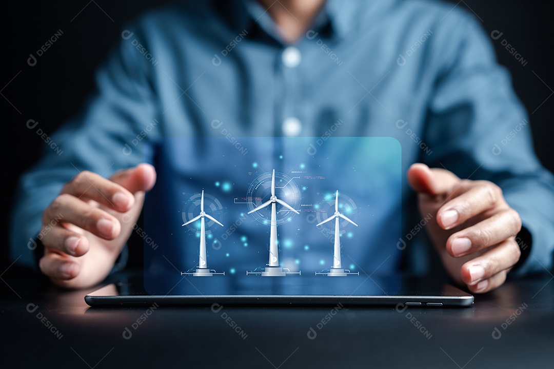 Engenheiro de energia usando fazenda de turbina eólica virtual de tablet com futuro de mapa