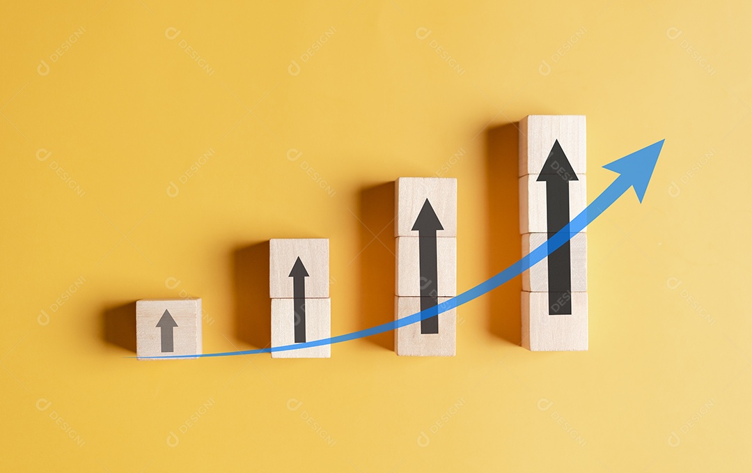 Mercado de ações e conceito de gráfico de câmbio. gráfico de negócios de pilha de bloco de madeira ou gráfico com ícone de setas.
