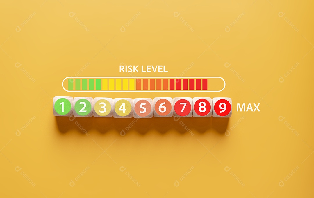 Risk Of Business tomada de decisão e análise de risco. Barra de nível de medição no bloco de cubo de madeira