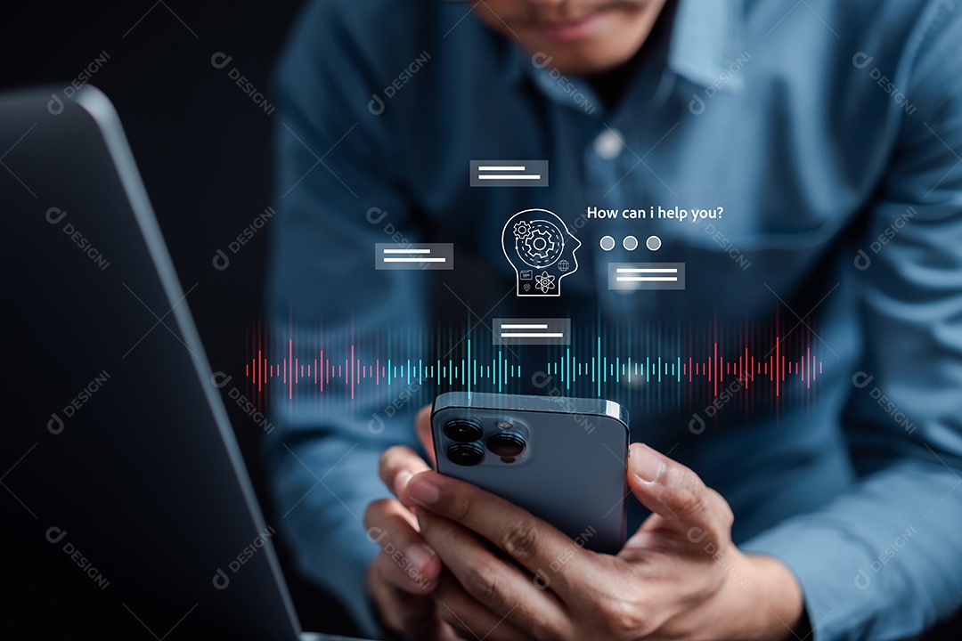 Empresário usando bot de bate-papo em inteligência de smartphone Ai.