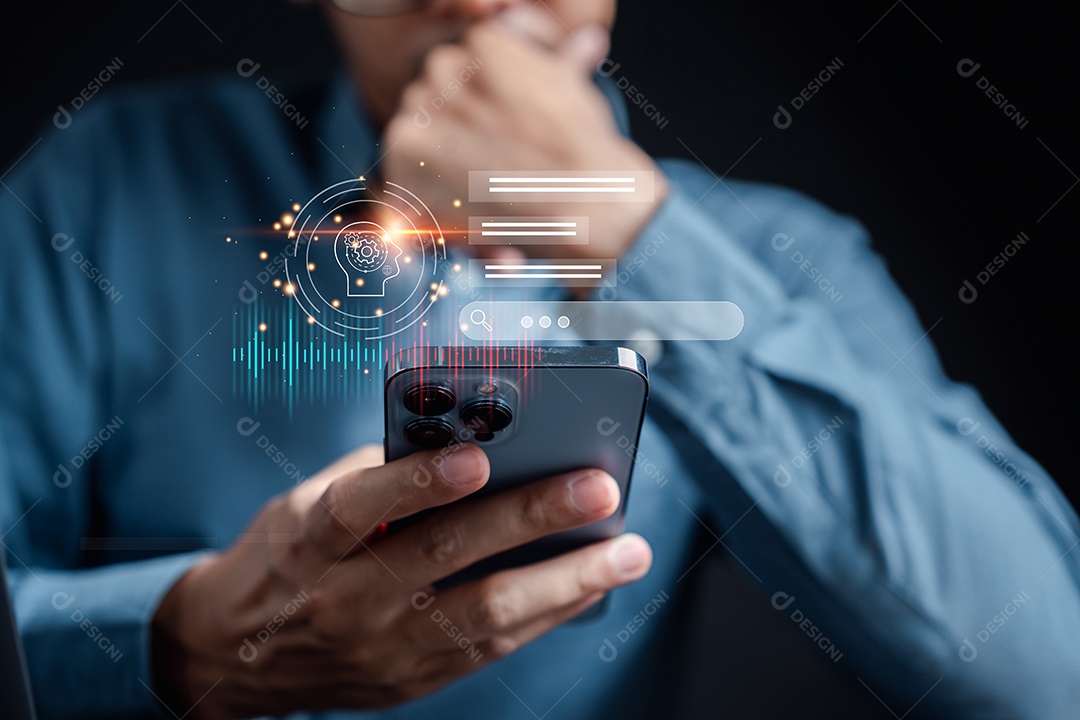 Empresário usando bot de bate-papo em inteligência de smartphone Ai.