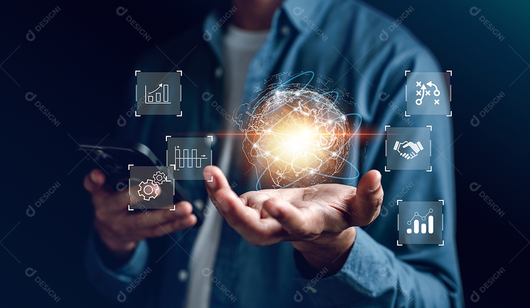 Tecnologia de visualização de big data e análise com cientista analisando estrutura de informações na tela virtual