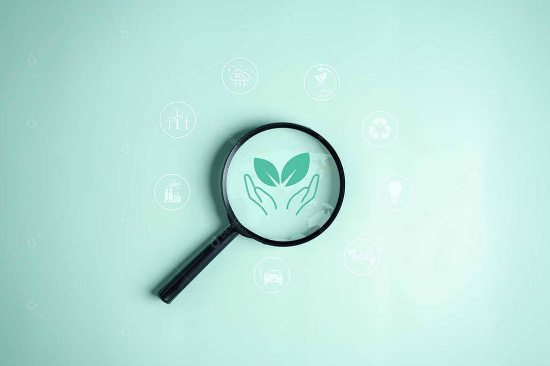 Foco da lupa no ícone de redução de CO2 na redução global da emissão de CO2 ou dióxido de carbono