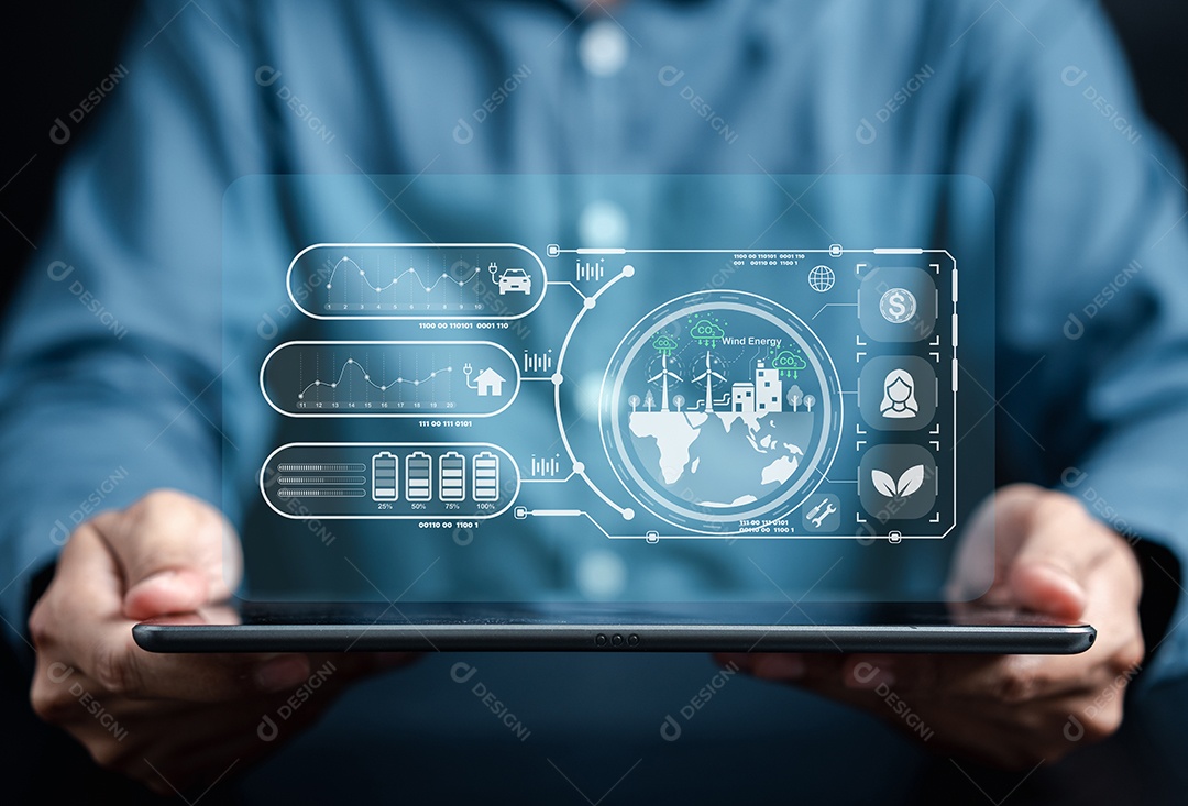 Engenheiro de energia usando mapa virtual do futuro do tablet, design de protótipo em projeção holográfica
