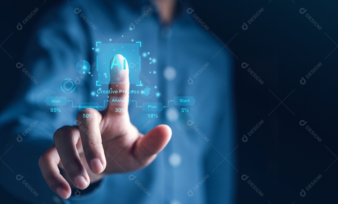 O homem de conceito de tecnologia e pessoas usa IA para ajudar no trabalho