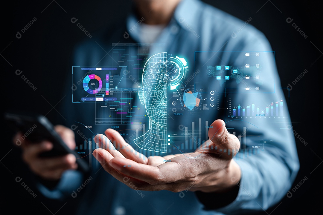 Análise de dados trabalhando com tecnologia de inteligência artificial de robô em análise de negócios