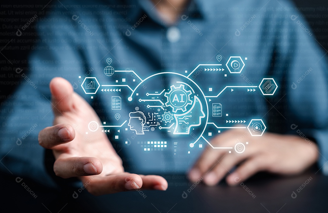 Empresário usando bot de bate-papo na inteligência de smartphone Ai.