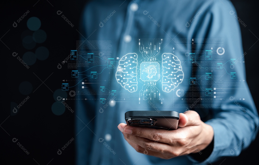 Empresário usando bot de bate-papo na inteligência de smartphone Ai.