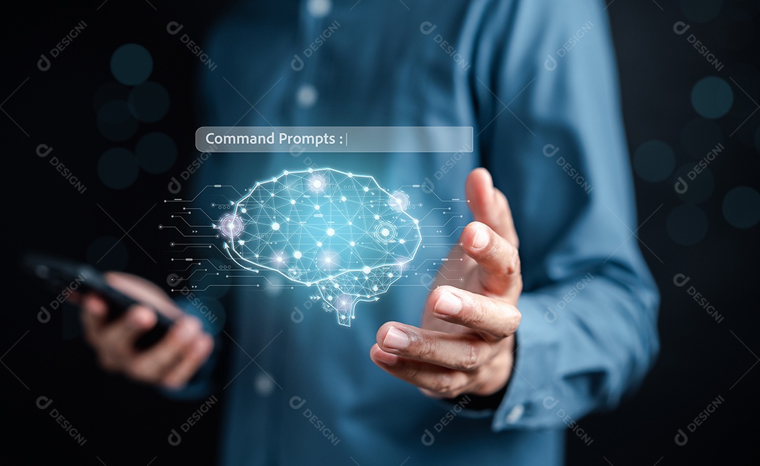 Empresário usando bot de bate-papo na inteligência de smartphone Ai.