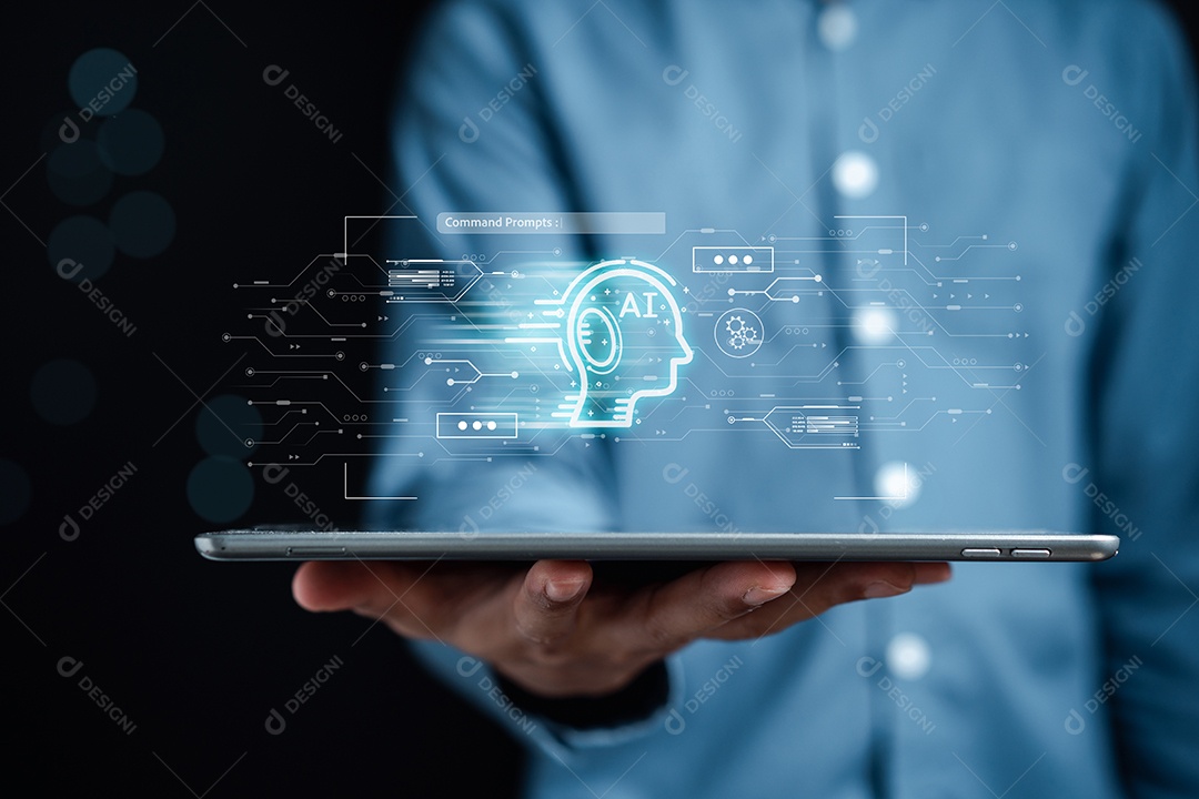 Empresário usando bot de bate-papo na inteligência de smartphone Ai.