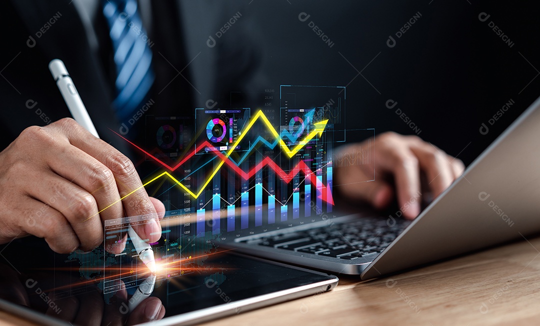 Conceito de finanças e investimento de gerenciamento de empresário, crescimento econômico de dinheiro mundial de ganho de capital.