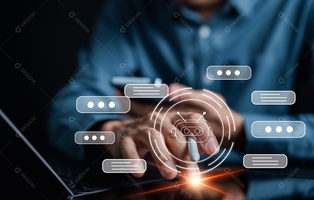 Empresário usando inteligência de bot de bate-papo Ai. Bate-papo com AI