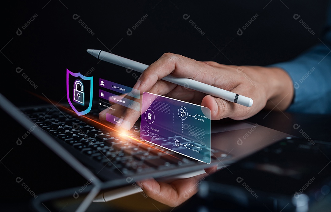 Conceitos de cibersegurança e privacidade para proteger os dados. empresário com tecnologia de segurança de rede de internet.