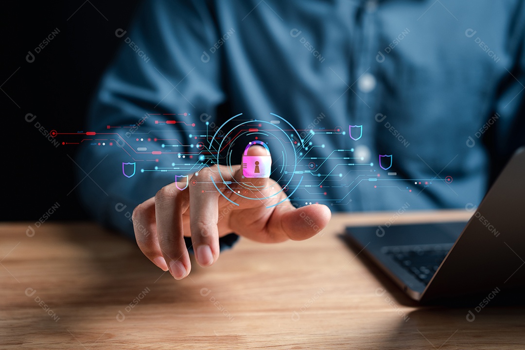 Conceitos de cibersegurança e privacidade para proteger os dados. empresário com tecnologia de segurança de rede de internet.