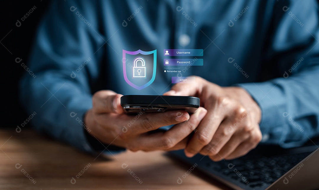 Conceitos de cibersegurança e privacidade para proteger os dados. empresário com tecnologia de segurança de rede de internet.