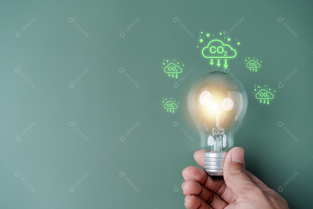 Ícone de redução de CO2 com lâmpada na terra diminui a emissão de CO2 ou dióxido de carbono