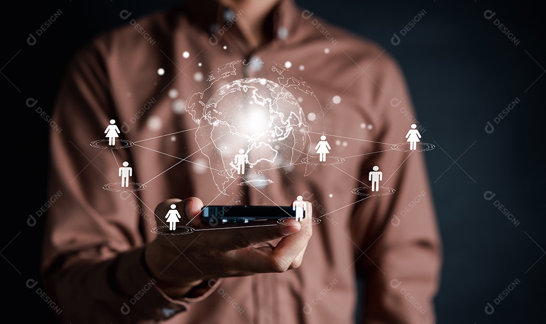 Conceito de conexão de cliente global de negócios. Empresário segurando negócios globais de dados