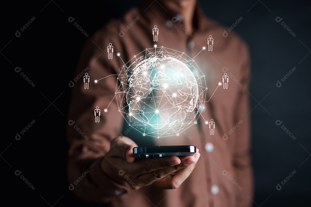 Conceito de conexão de pessoas globais de negócios. Empresário segurando negócios globais de dados