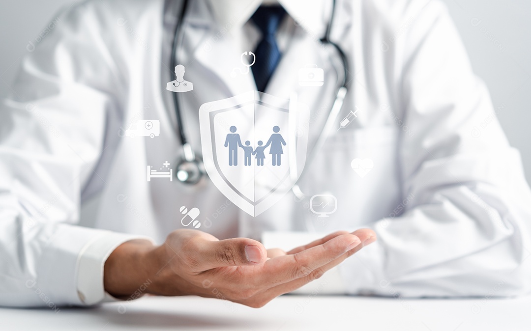 Médico de uniforme com proteção de mão de estetoscópio família virtual