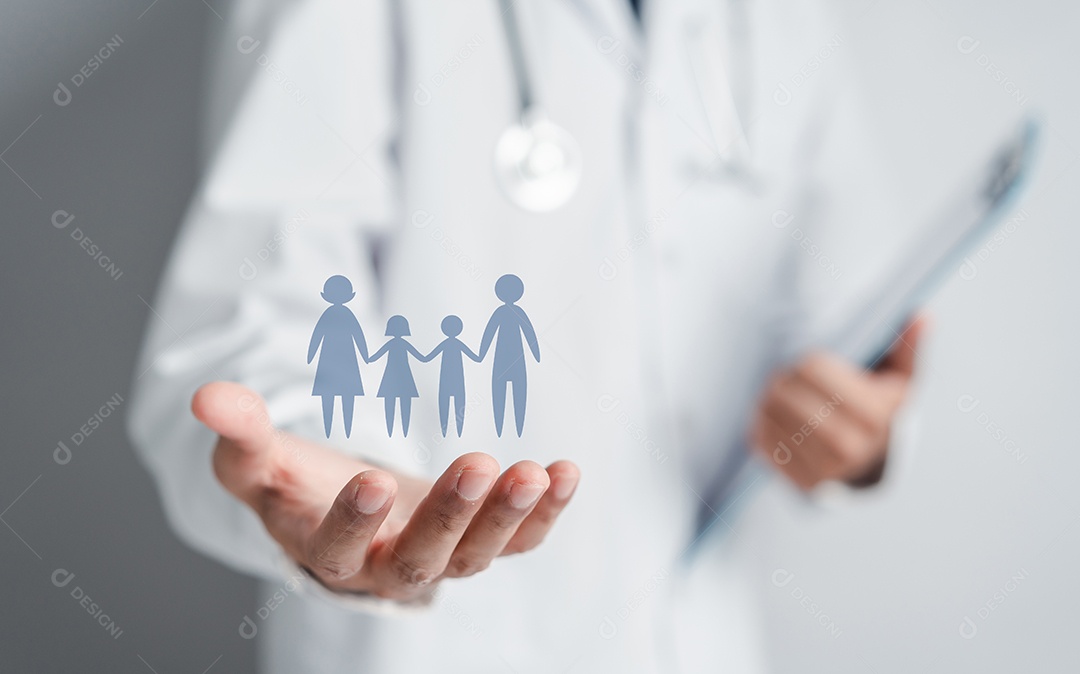 Médico de uniforme com proteção de mão de estetoscópio família virtual