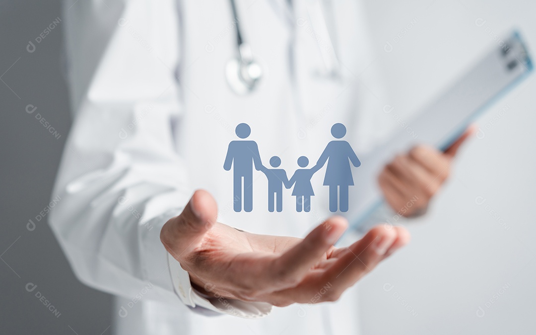 Médico de uniforme com proteção de mão de estetoscópio família virtual