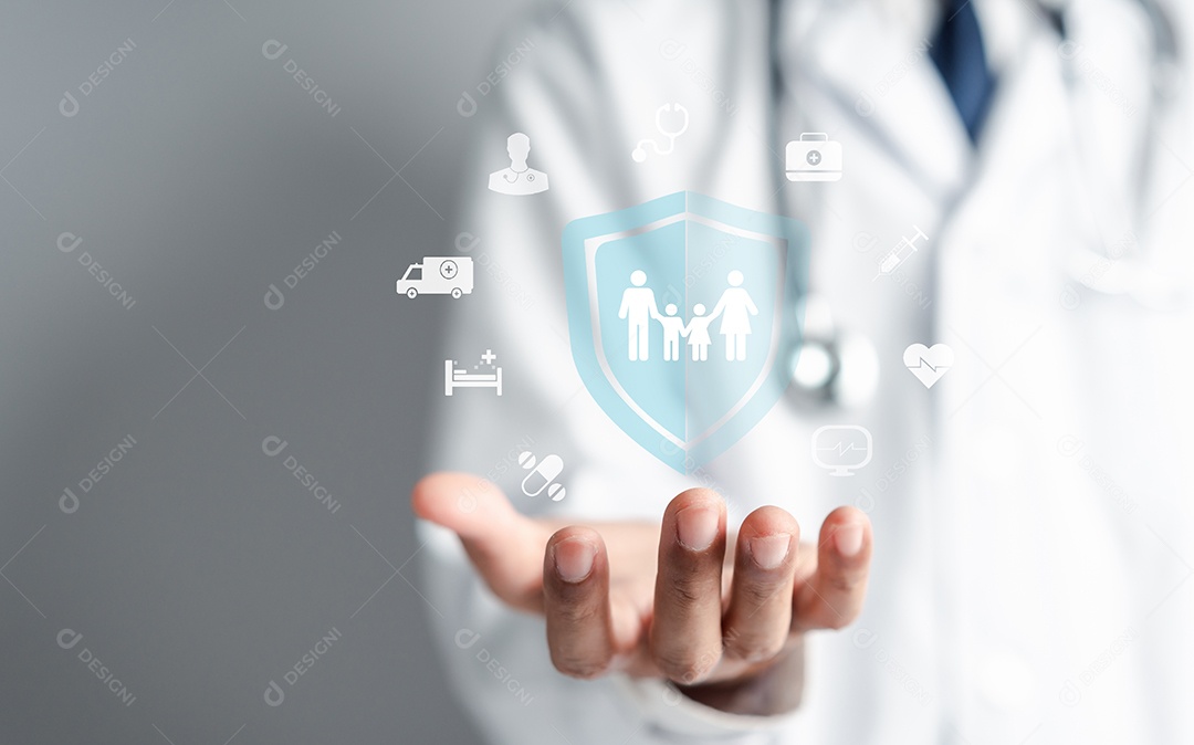 Médico de uniforme com proteção de mão de estetoscópio família virtual