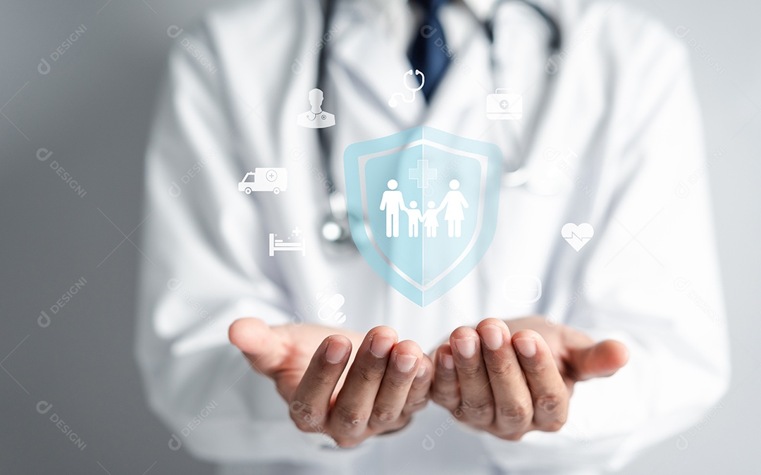 Médico de uniforme com proteção de mão de estetoscópio família virtual